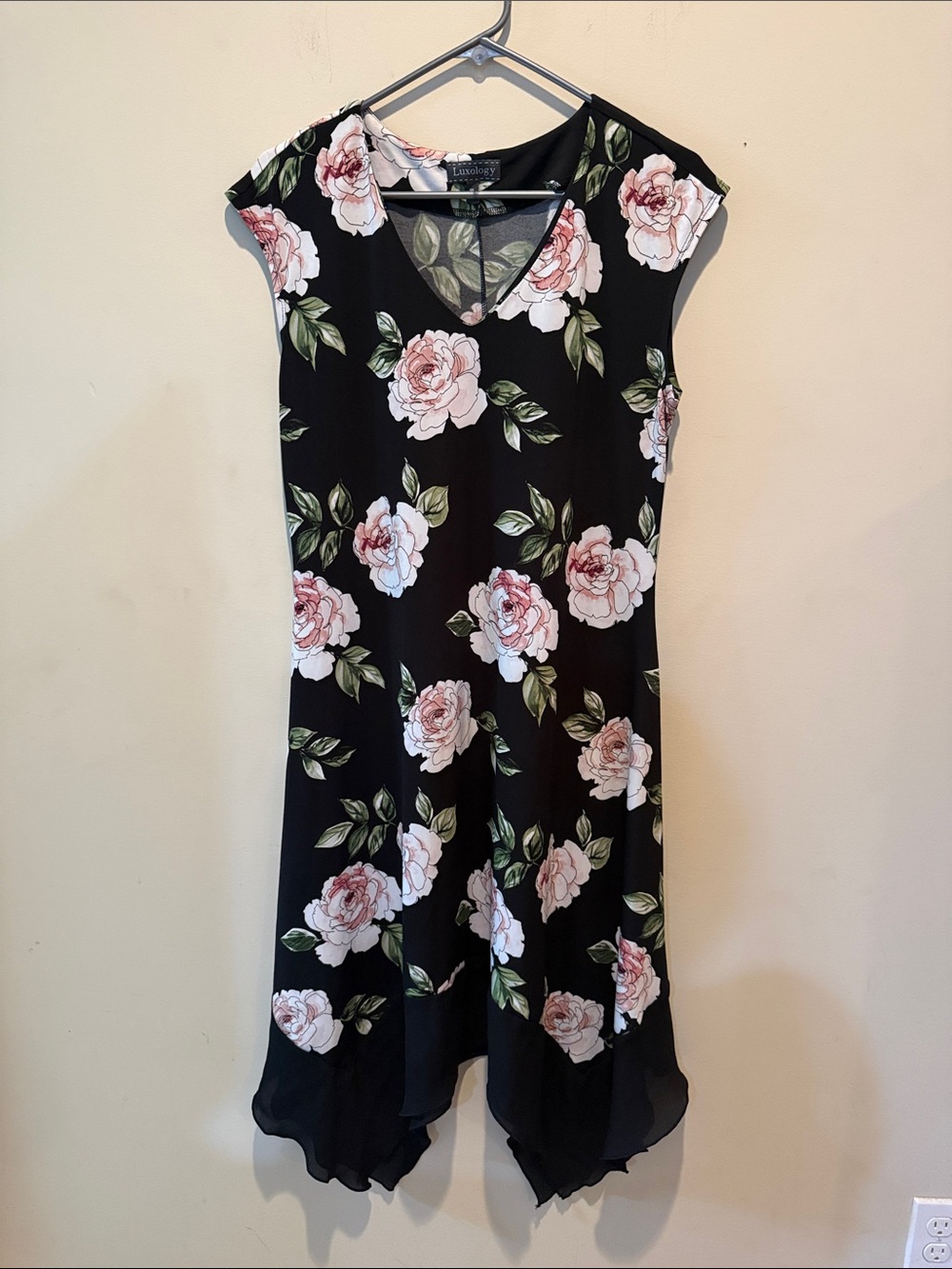 Luxology Black Asymmetrical Dress with Pink Rose Print